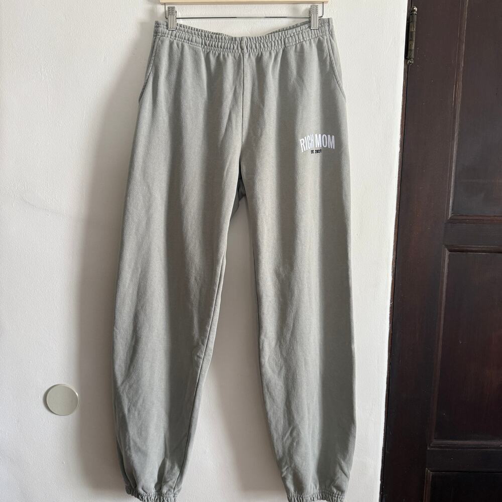 RICH MOM | Sage Green / Gray Essential Embroidered Sweatpants | Large Tinx